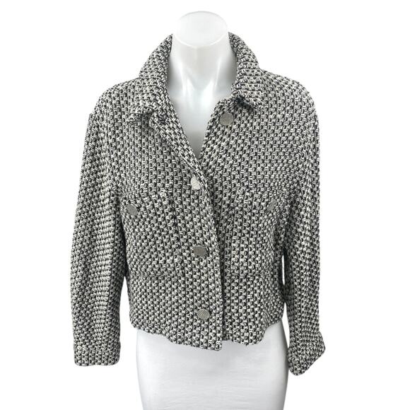 Zara Women's Black White Tweed Long Sleeve Button Down Pockets Coat Jacket Top L - Picture 1 of 3